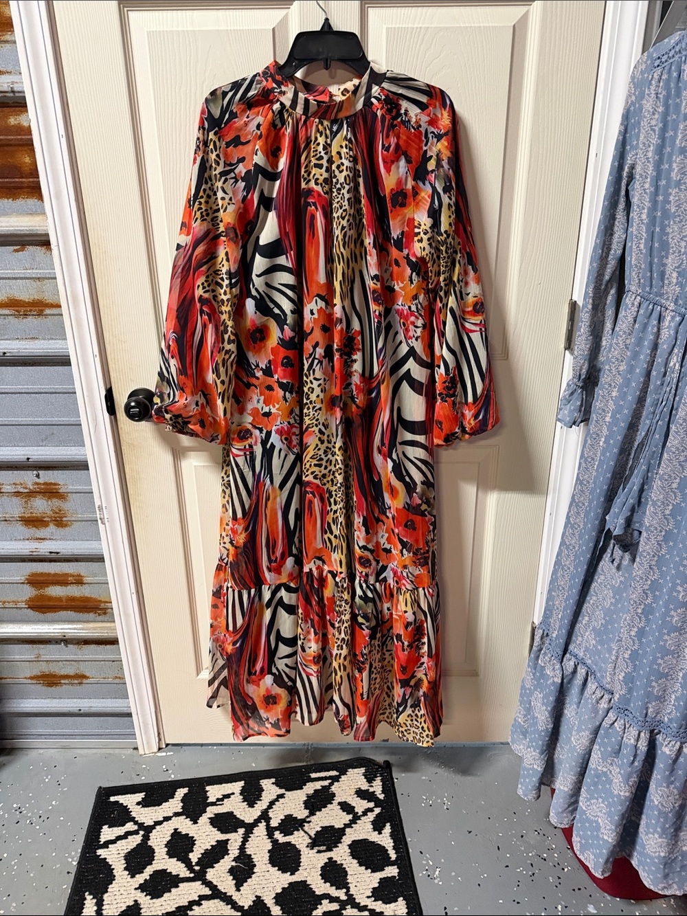 Vibrant Orange Floral & Animal Print Midi Dress